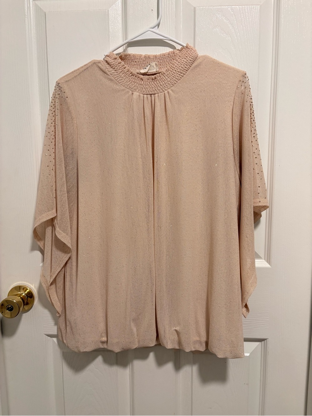 Ember Elegant Champagne Blush Gold Shimmer Rhinestone Sleeve Blouse